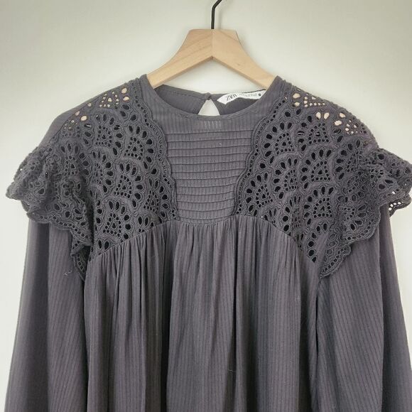 Zara Black Embroidered Peasant Top Size Small - Picture 3 of 7